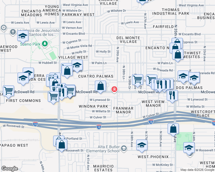 map of restaurants, bars, coffee shops, grocery stores, and more near 3940 West McDowell Road in Phoenix