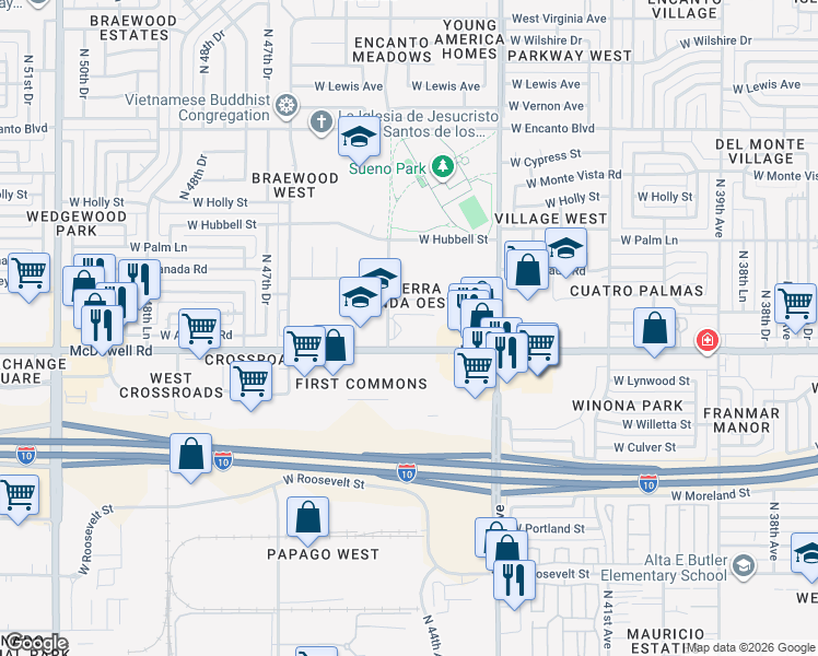 map of restaurants, bars, coffee shops, grocery stores, and more near 1617 North 45th Avenue in Phoenix
