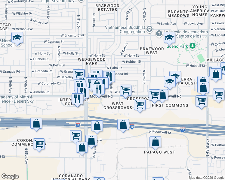 map of restaurants, bars, coffee shops, grocery stores, and more near 4870 West Almeria Road in Phoenix