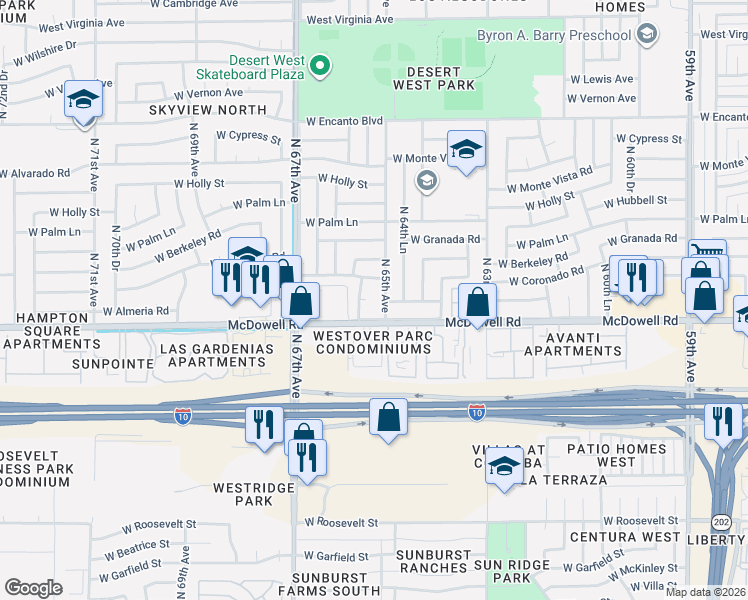 map of restaurants, bars, coffee shops, grocery stores, and more near 1613 North 65th Drive in Phoenix