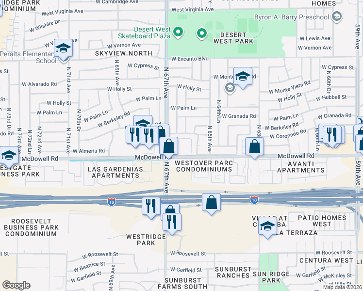 map of restaurants, bars, coffee shops, grocery stores, and more near 6626 West McDowell Road in Phoenix