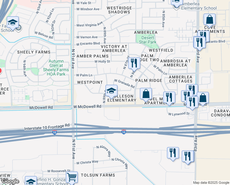 map of restaurants, bars, coffee shops, grocery stores, and more near 8763 West Coronado Road in Phoenix