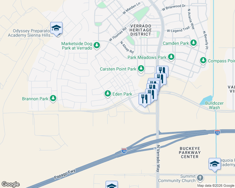 map of restaurants, bars, coffee shops, grocery stores, and more near 20967 West Coronado Road in Buckeye