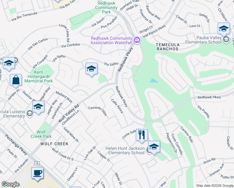 map of restaurants, bars, coffee shops, grocery stores, and more near 45540 Calle Ayora in Temecula