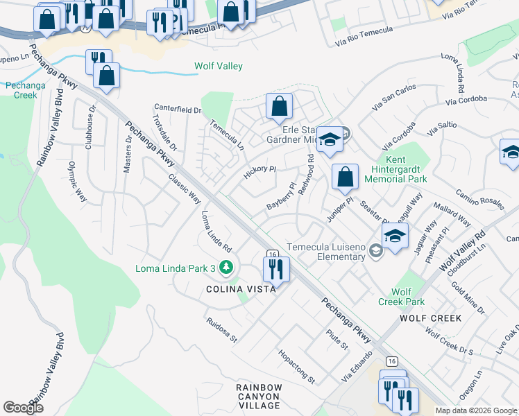 map of restaurants, bars, coffee shops, grocery stores, and more near 45575 Bayberry Place in Temecula