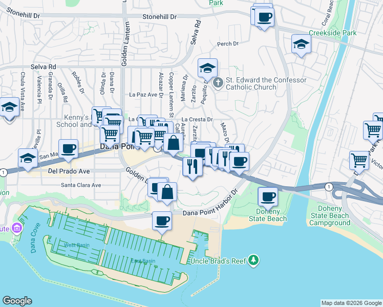 map of restaurants, bars, coffee shops, grocery stores, and more near 25152 Ocean Knoll in Dana Point