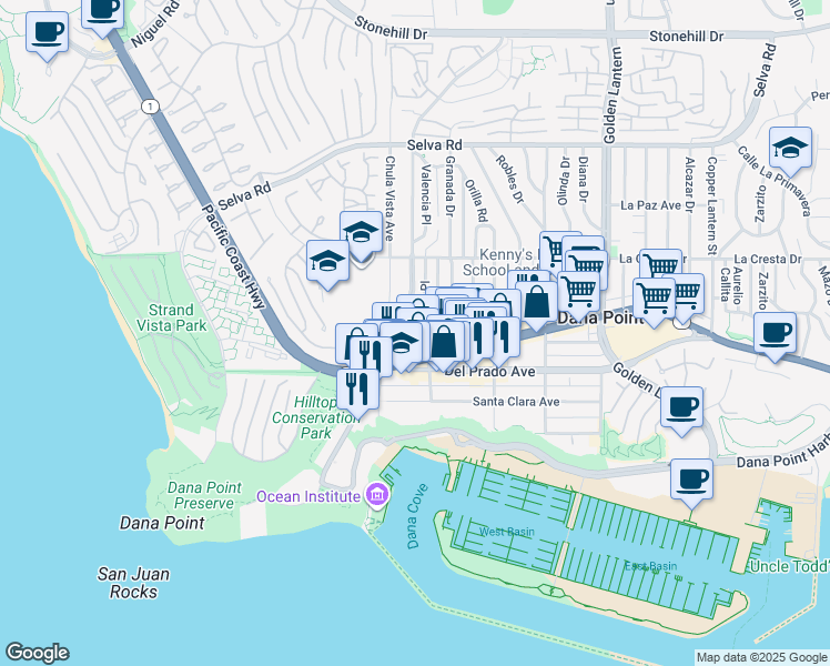 map of restaurants, bars, coffee shops, grocery stores, and more near 34171 Street of the Ruby Lantern in Dana Point