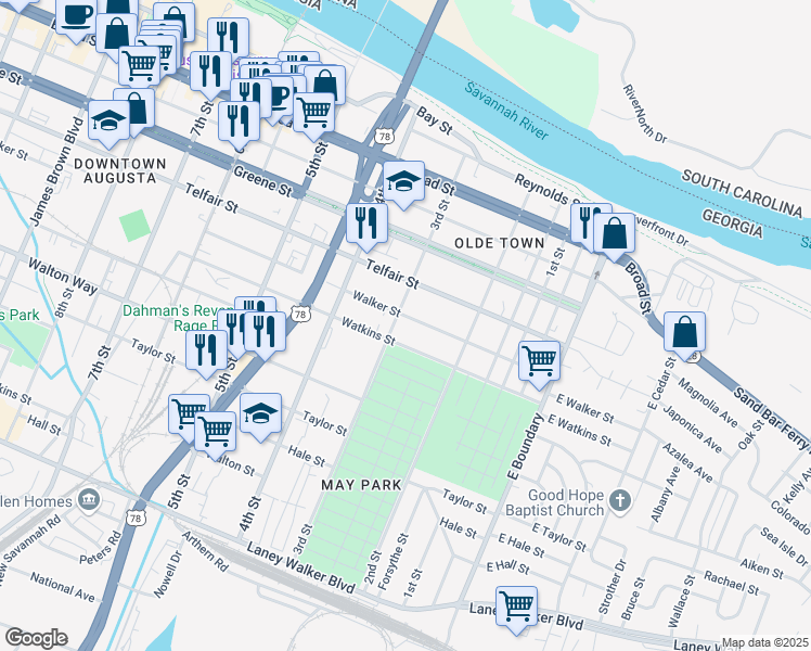 map of restaurants, bars, coffee shops, grocery stores, and more near 246 Walker Street in Augusta