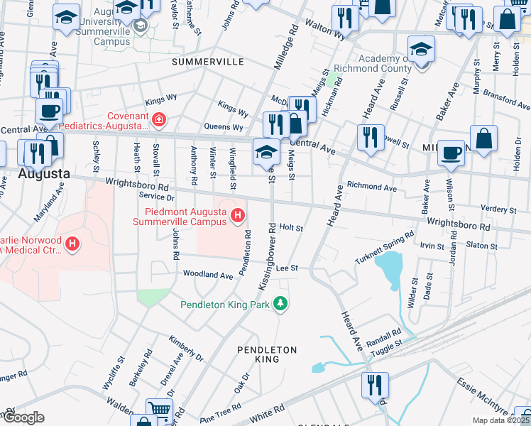 map of restaurants, bars, coffee shops, grocery stores, and more near 1420 Pendleton Road in Augusta