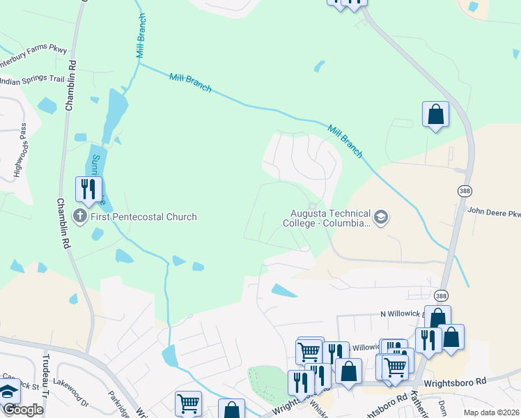 map of restaurants, bars, coffee shops, grocery stores, and more near 684 Red Cedar Court in Grovetown