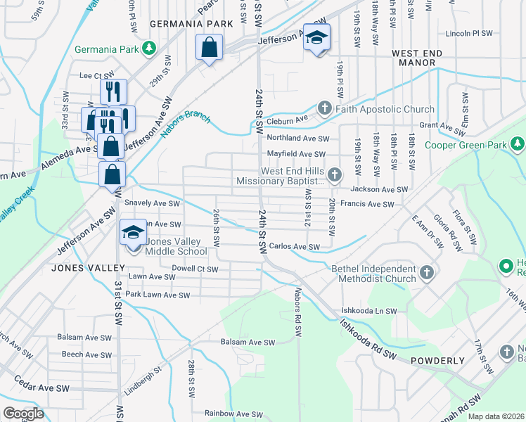 map of restaurants, bars, coffee shops, grocery stores, and more near 1805 24th Street Southwest in Birmingham
