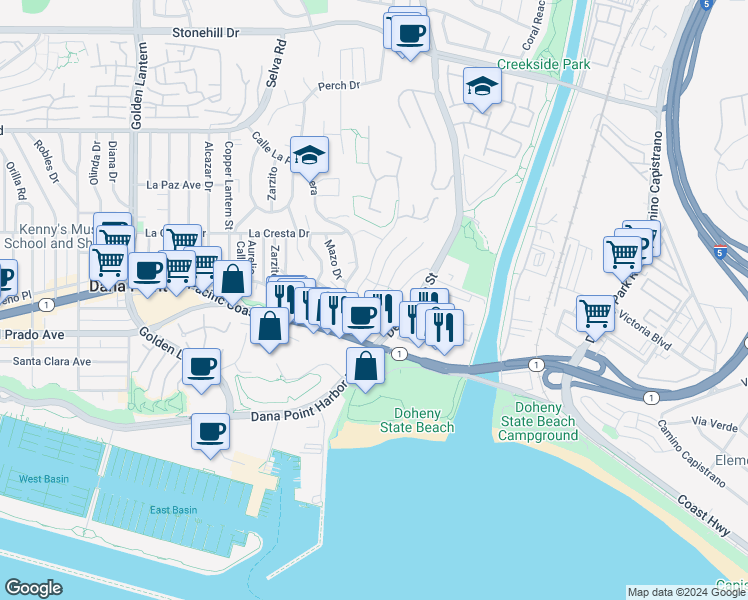map of restaurants, bars, coffee shops, grocery stores, and more near 34152 Cambridge Road in Dana Point