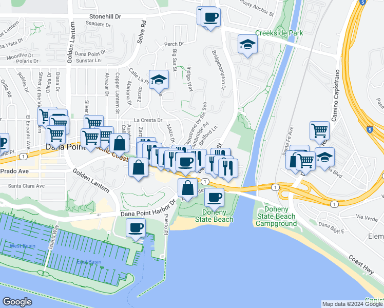 map of restaurants, bars, coffee shops, grocery stores, and more near 34271 Del Obispo Street in Dana Point