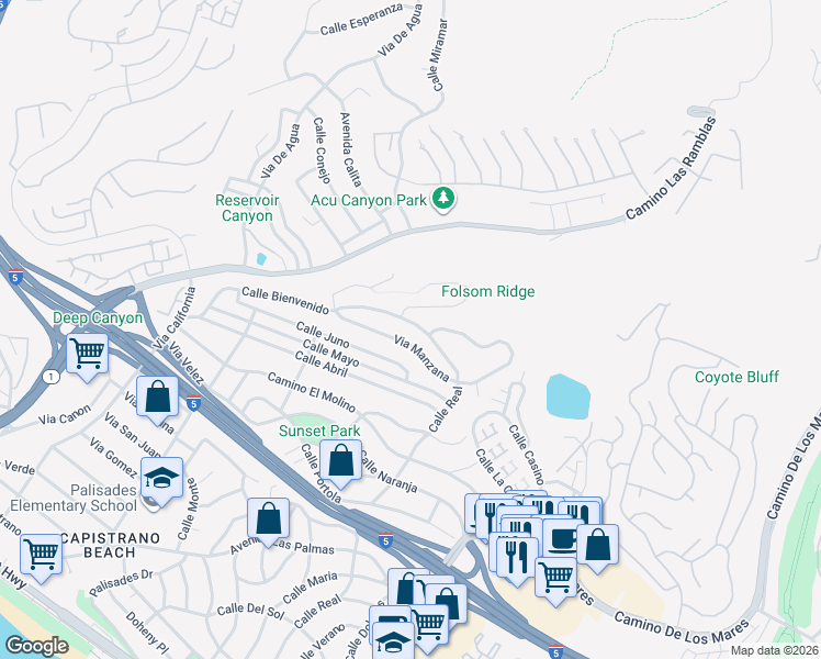 map of restaurants, bars, coffee shops, grocery stores, and more near 3921 Calle Real in San Clemente