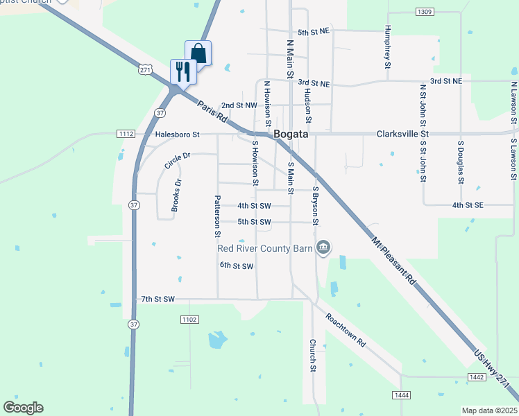 map of restaurants, bars, coffee shops, grocery stores, and more near 220 5th Street Southwest in Bogata