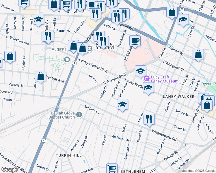 map of restaurants, bars, coffee shops, grocery stores, and more near 1216 Holley Street in Augusta