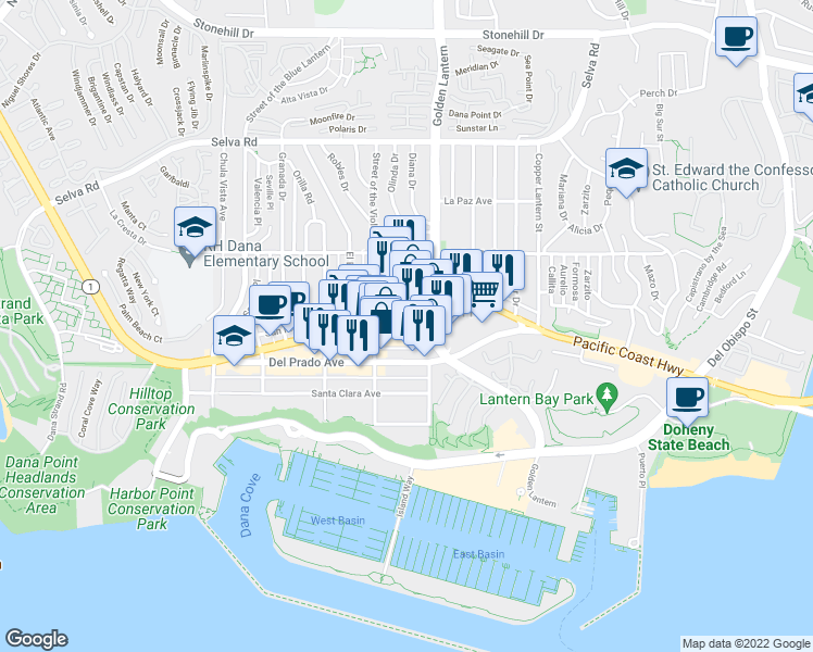 map of restaurants, bars, coffee shops, grocery stores, and more near 34169 Pacific Coast Highway in Dana Point