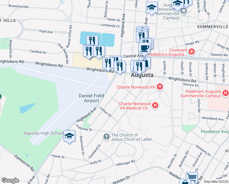 map of restaurants, bars, coffee shops, grocery stores, and more near 1851 Ohio Avenue in Augusta