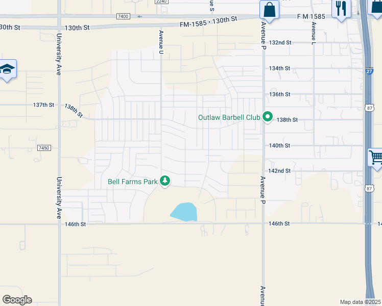 map of restaurants, bars, coffee shops, grocery stores, and more near Avenue U in Lubbock