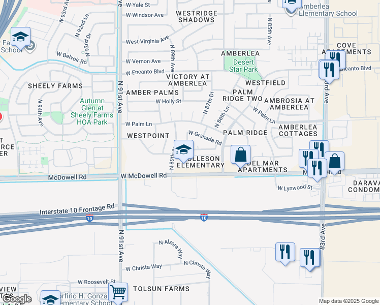 map of restaurants, bars, coffee shops, grocery stores, and more near 8763 West Coronado Road in Phoenix