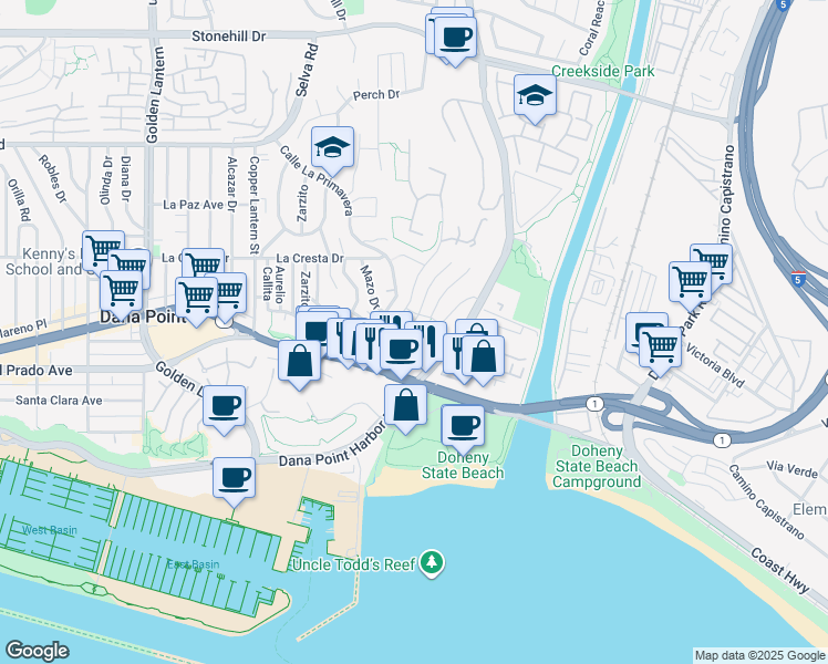 map of restaurants, bars, coffee shops, grocery stores, and more near 34152 Cambridge Road in Dana Point