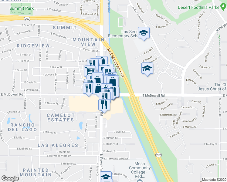 map of restaurants, bars, coffee shops, grocery stores, and more near 2823 North Power Road in Mesa