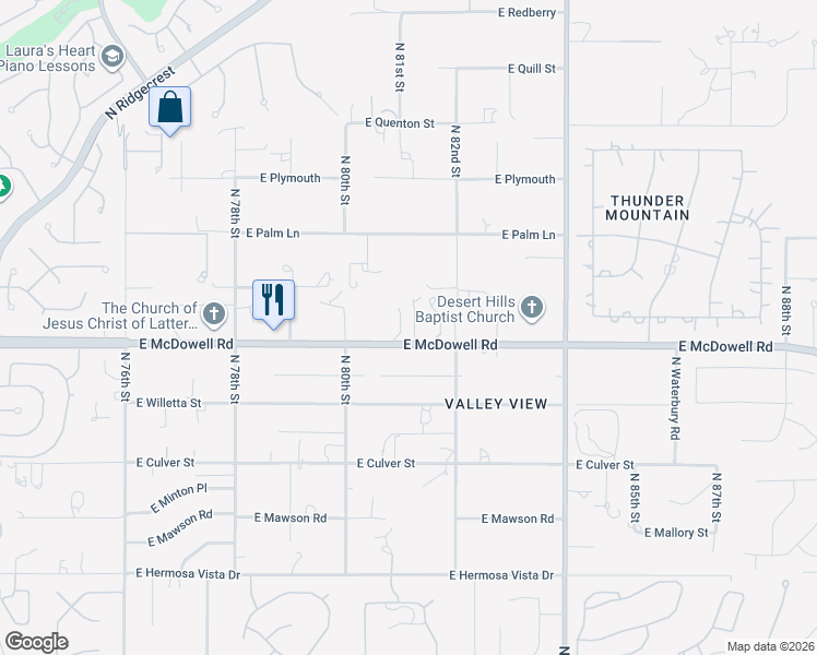 map of restaurants, bars, coffee shops, grocery stores, and more near 8120 East McDowell Road in Mesa