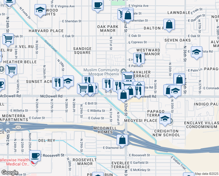 map of restaurants, bars, coffee shops, grocery stores, and more near 1611 North 31st Street in Phoenix