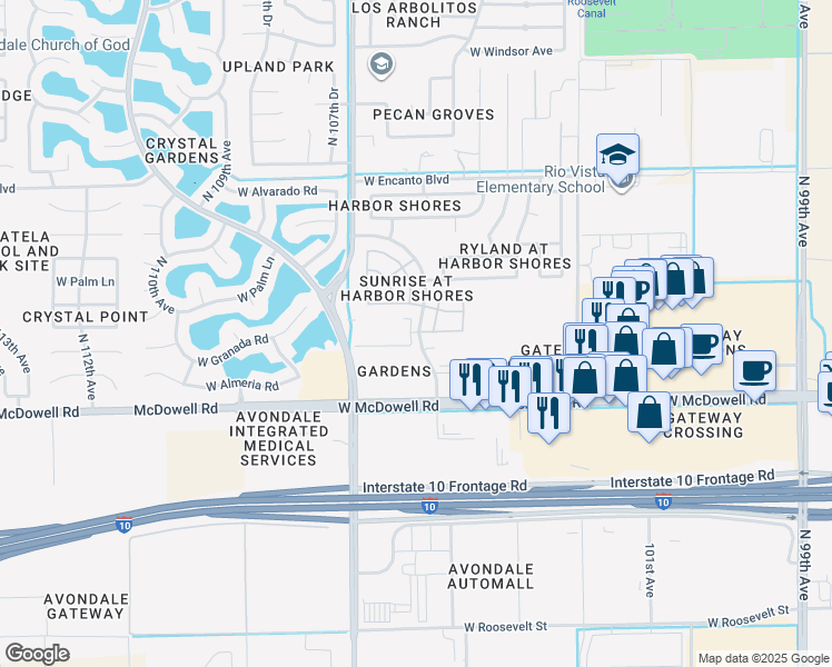 map of restaurants, bars, coffee shops, grocery stores, and more near 1700 Harbor Shore Boulevard in Avondale