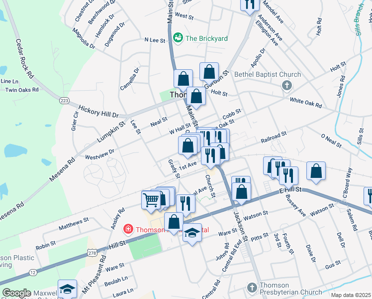 map of restaurants, bars, coffee shops, grocery stores, and more near 211 Milledge Street in Thomson