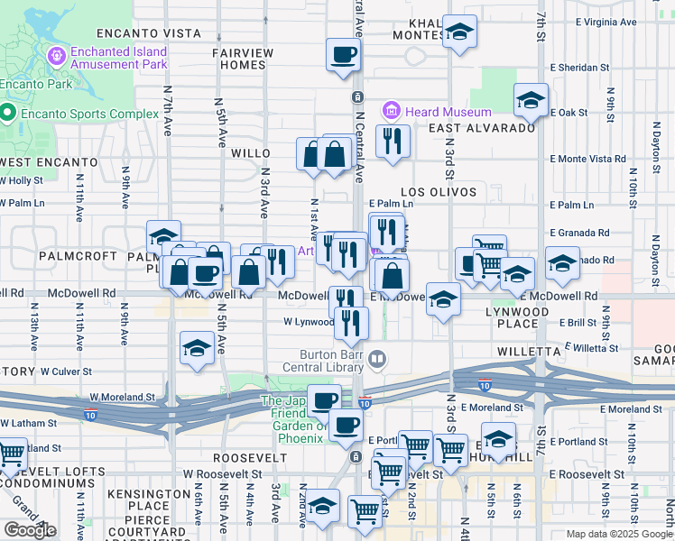 map of restaurants, bars, coffee shops, grocery stores, and more near 1701 North 1st Avenue in Phoenix