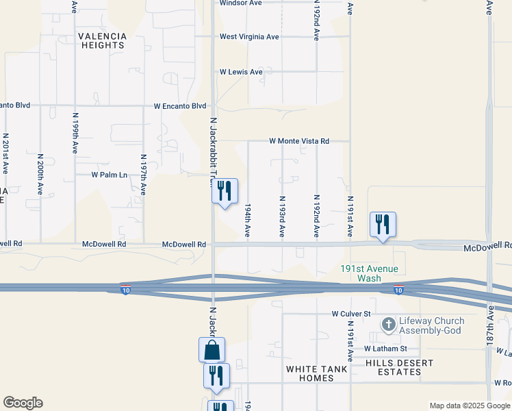 map of restaurants, bars, coffee shops, grocery stores, and more near 1801 North 194th Avenue in Buckeye