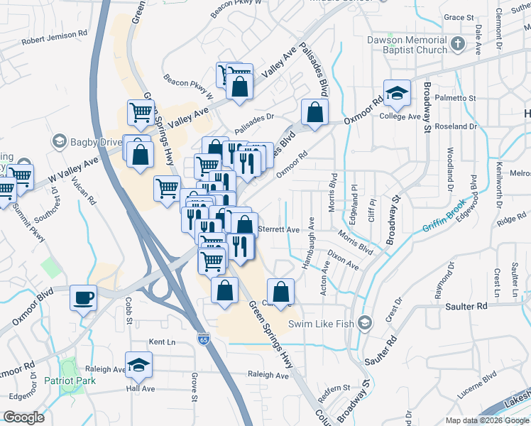 map of restaurants, bars, coffee shops, grocery stores, and more near 201 Theda Street in Birmingham
