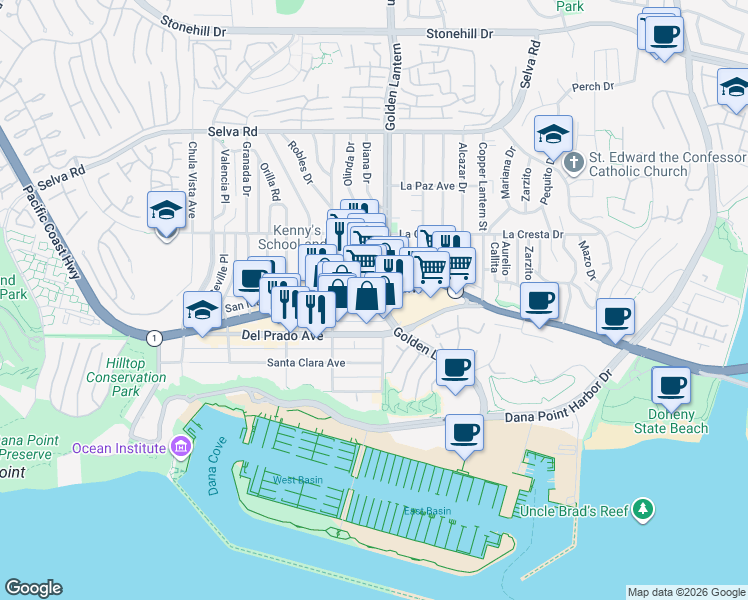 map of restaurants, bars, coffee shops, grocery stores, and more near 34175 Pacific Coast Highway in Dana Point