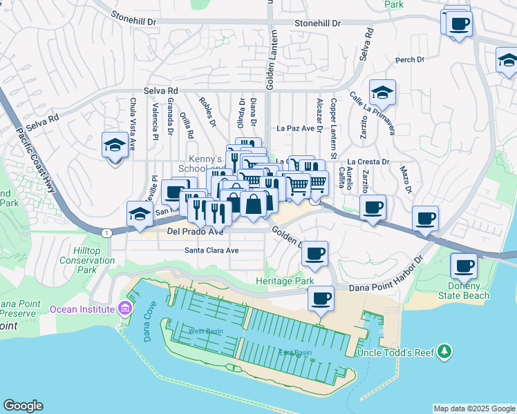 map of restaurants, bars, coffee shops, grocery stores, and more near 34175 Pacific Coast Highway in Dana Point