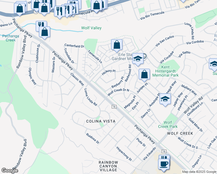 map of restaurants, bars, coffee shops, grocery stores, and more near 45551 Bayberry Place in Temecula