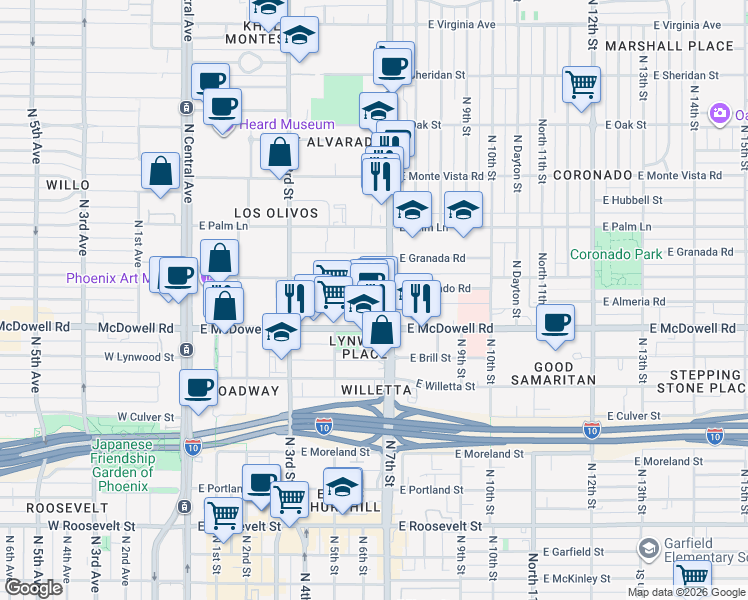 map of restaurants, bars, coffee shops, grocery stores, and more near 365 East Coronado Road in Phoenix
