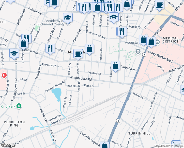 map of restaurants, bars, coffee shops, grocery stores, and more near 1801 Wrightsboro Road in Augusta