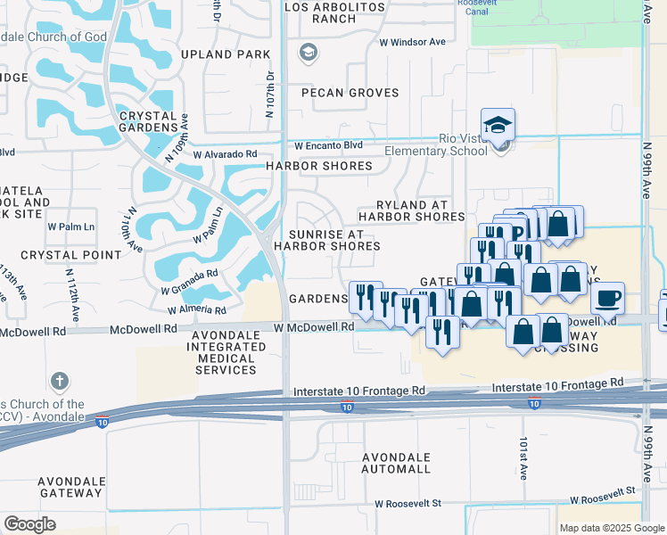map of restaurants, bars, coffee shops, grocery stores, and more near 10541 West Almeria Road in Avondale