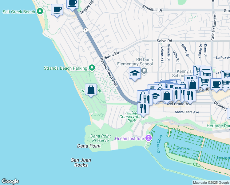 map of restaurants, bars, coffee shops, grocery stores, and more near 34038 Selva Road in Dana Point