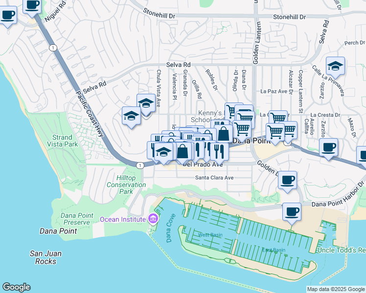map of restaurants, bars, coffee shops, grocery stores, and more near 34161 Granada Drive in Dana Point