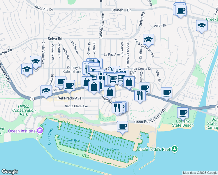 map of restaurants, bars, coffee shops, grocery stores, and more near 24871 Del Prado Avenue in Dana Point