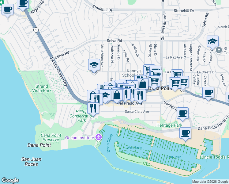 map of restaurants, bars, coffee shops, grocery stores, and more near 34162 Street of the Ruby Lantern in Dana Point