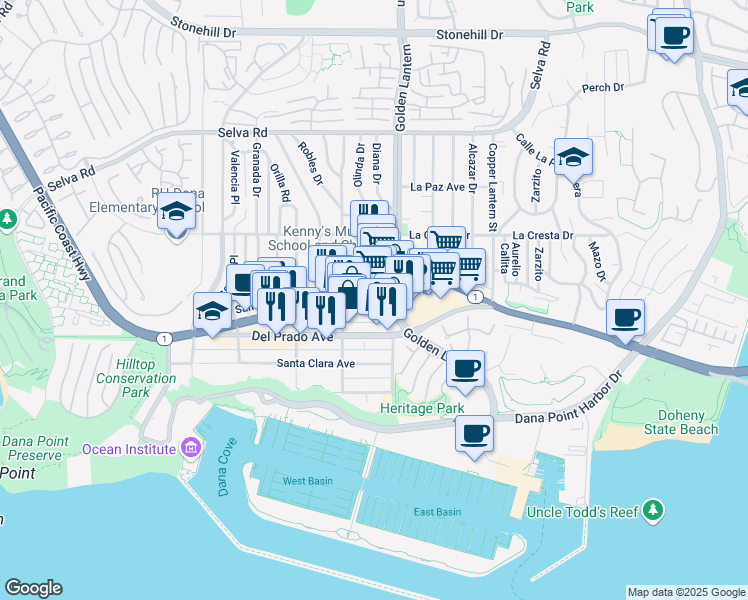 map of restaurants, bars, coffee shops, grocery stores, and more near 34171 East Pacific Coast Highway in Dana Point