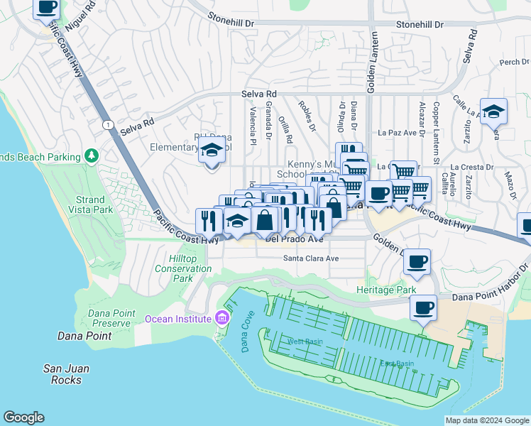 map of restaurants, bars, coffee shops, grocery stores, and more near 34161 Granada Drive in Dana Point