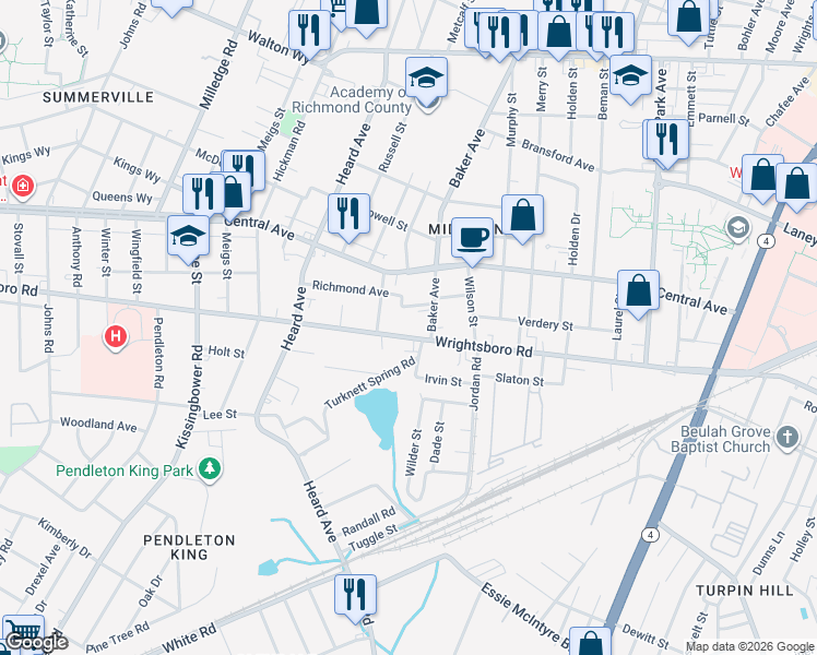map of restaurants, bars, coffee shops, grocery stores, and more near 1919 Wrightsboro Road in Augusta
