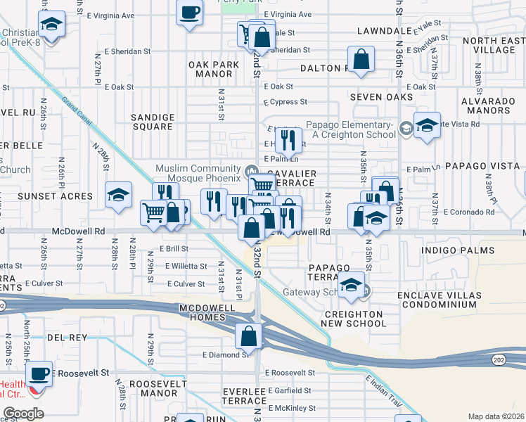 map of restaurants, bars, coffee shops, grocery stores, and more near 1617 North 32nd Street in Phoenix