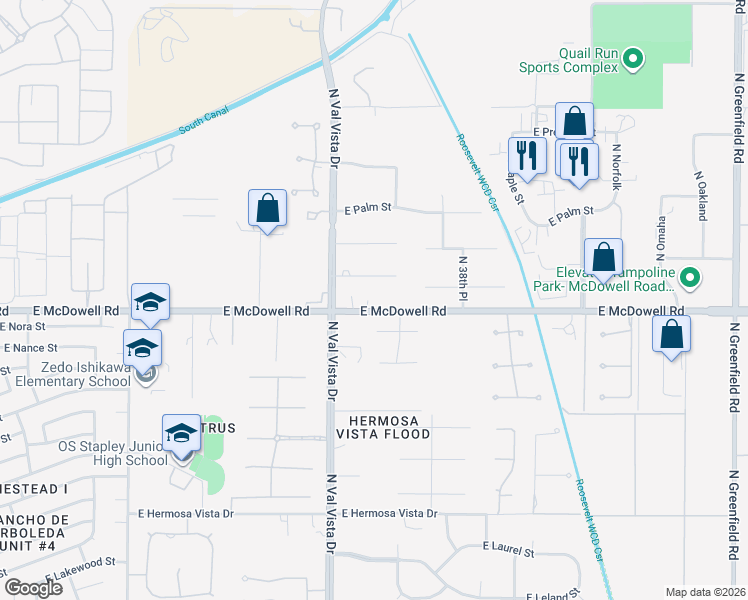 map of restaurants, bars, coffee shops, grocery stores, and more near 3650 East McDowell Road in Mesa