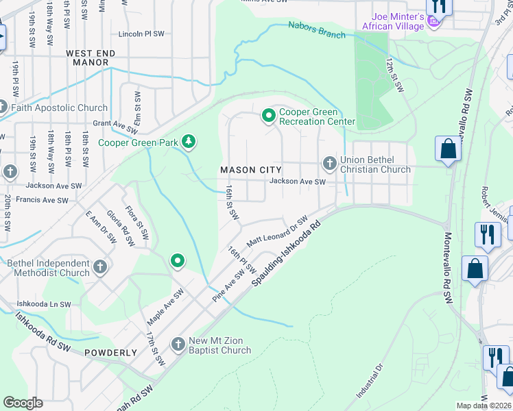 map of restaurants, bars, coffee shops, grocery stores, and more near 1529 Francis Avenue Southwest in Birmingham
