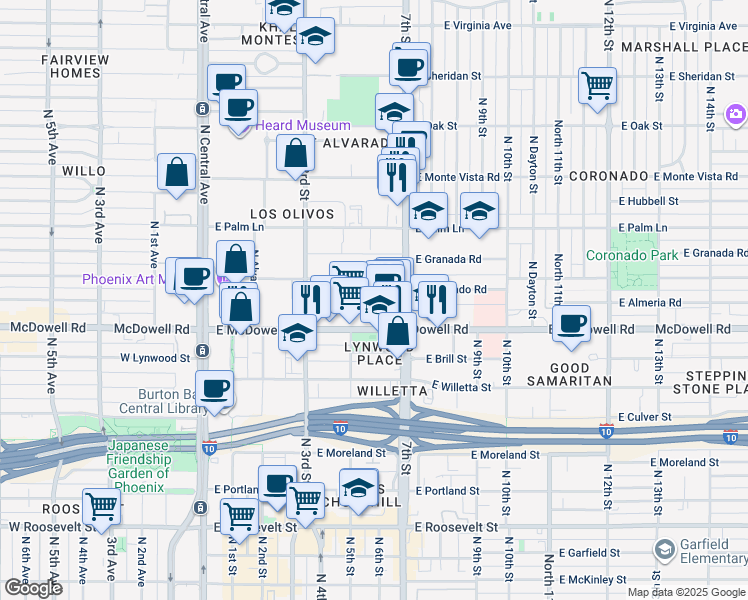 map of restaurants, bars, coffee shops, grocery stores, and more near 365 E Coronado Rd in Phoenix